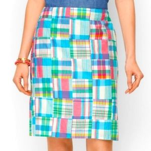 Talbots straight skirt Madras Patch plaid/ stripe blue green lt. reds white NWT